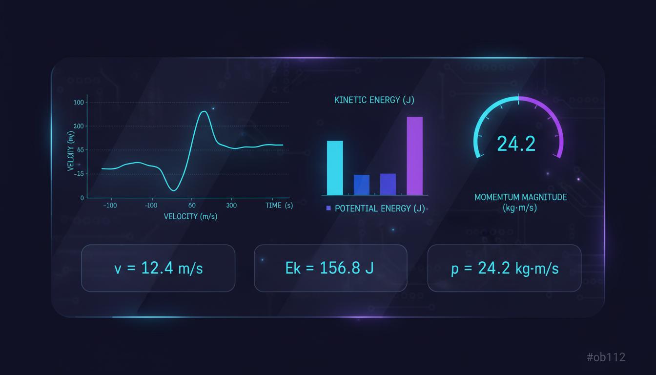 Panel de metricas mostrando velocidad y energia cinetica